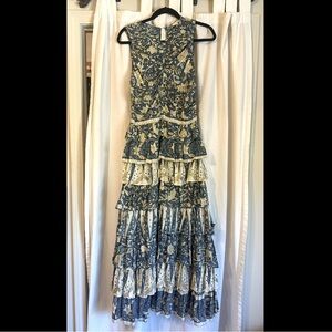 Ulla Johnson Blue and Cream Tiered Midi Dress